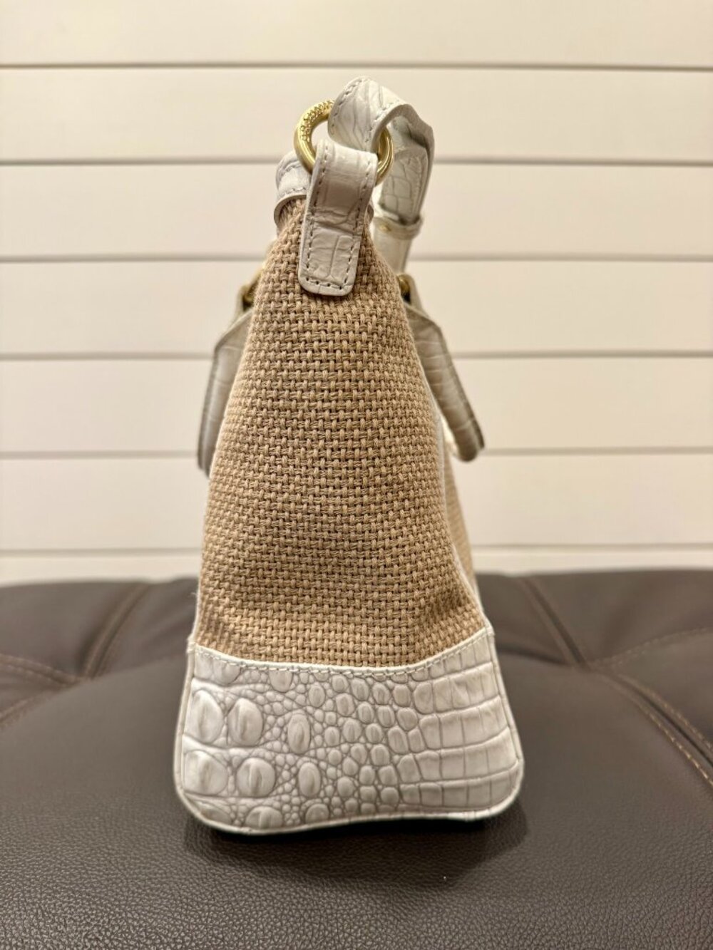 Brahmin White Croc Embossed Leather & Woven Straw Satchel Shoulder Bag - Picture 5 of 16